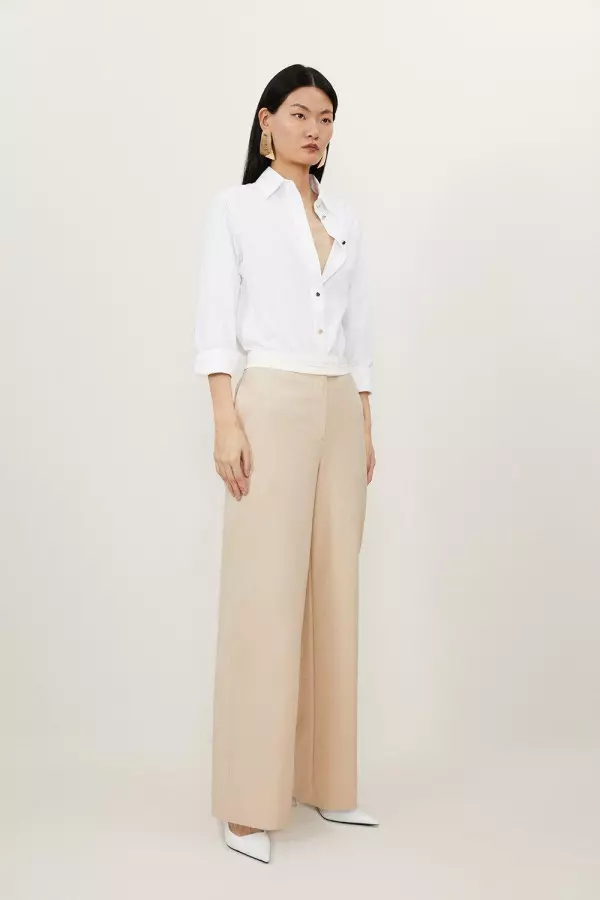 Contrast Waistband Techno Cotton Woven Wide Leg Trouser