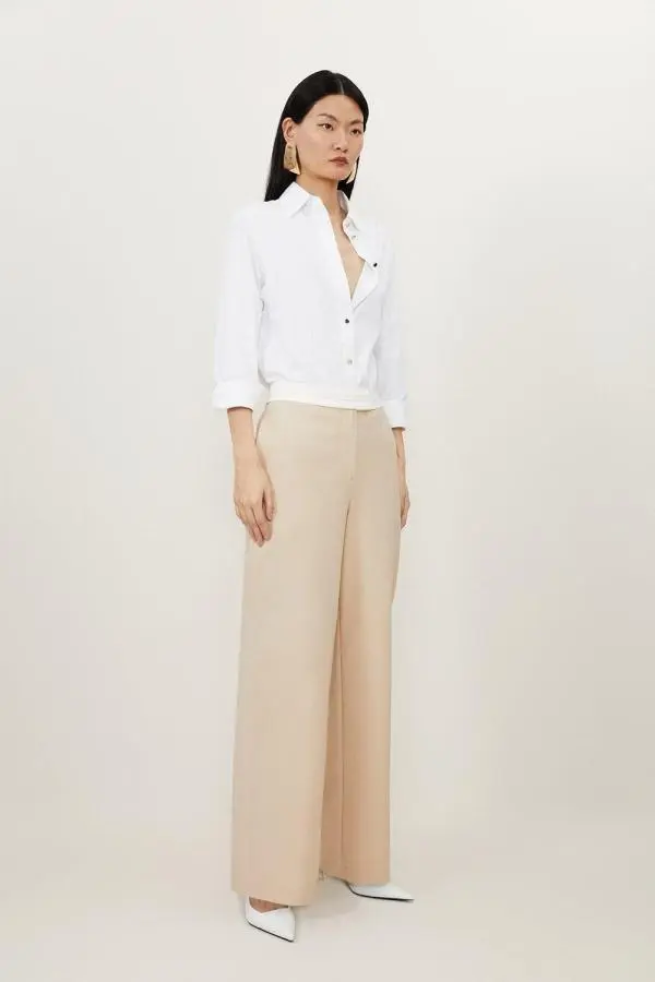 Contrast Waistband Techno Cotton Woven Wide Leg Trouser