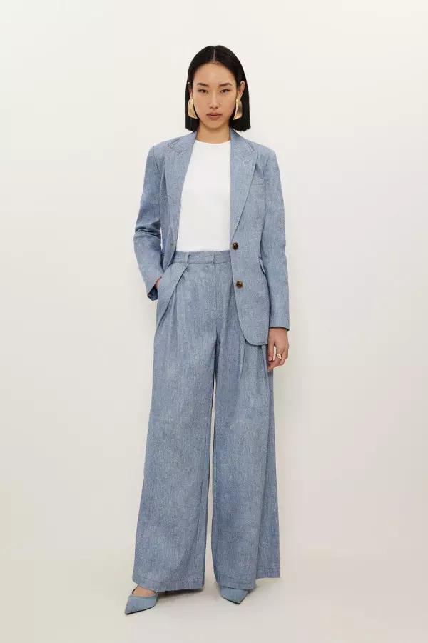 Tailored Denim Look Linen Wide Leg Trousers