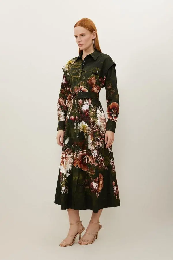 Placed Floral Cotton Sateen Shirt Dress