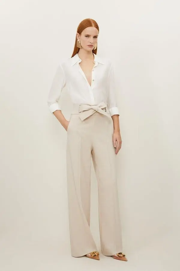 Premium Viscose Linen Belted Tailored Straight Leg Trousers