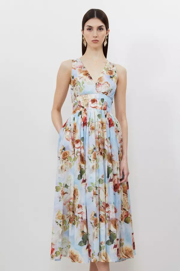 Silk Cotton Rose Print Plunge Woven Maxi Dress