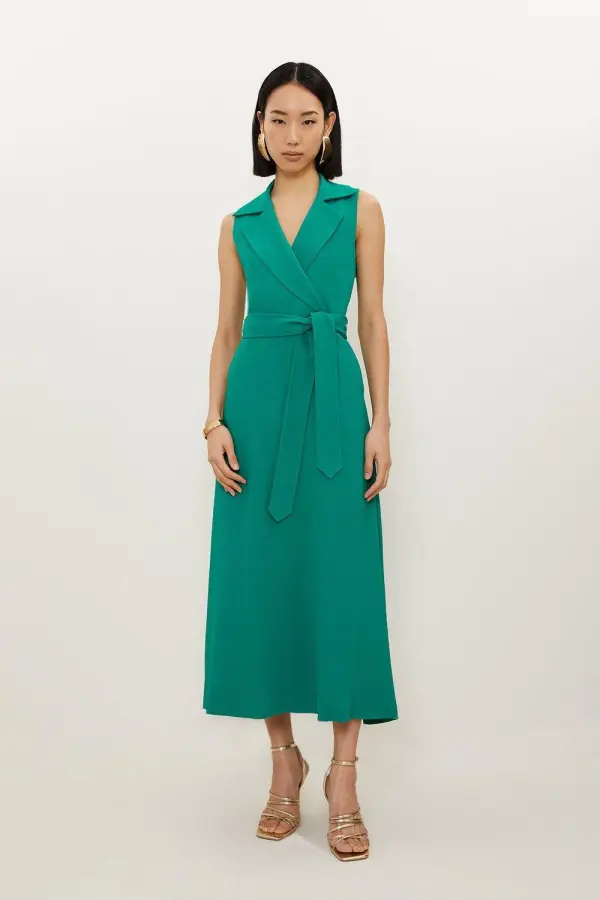 Compact Stretch Viscose Belted Tailored Midi Shirt Dress