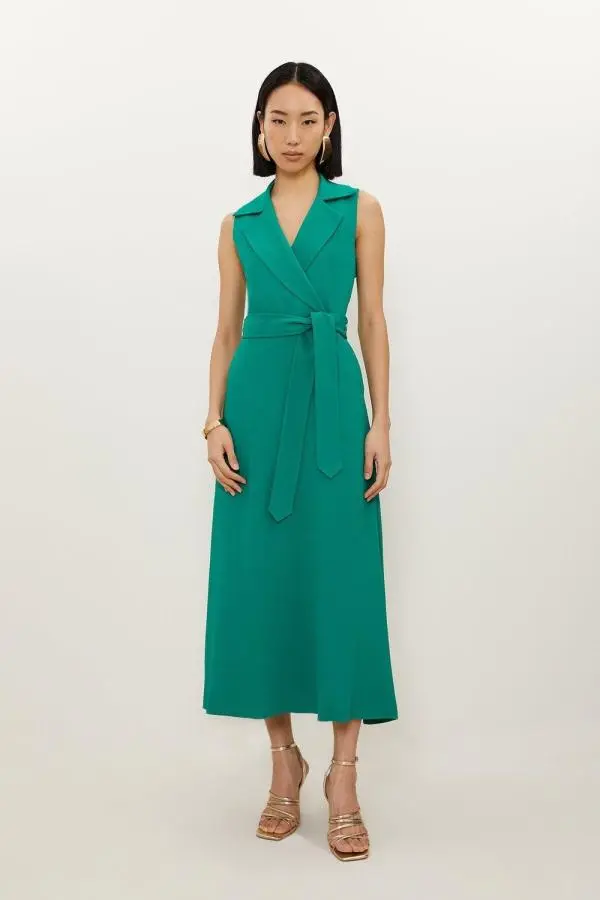 Compact Stretch Viscose Belted Tailored Midi Shirt Dress