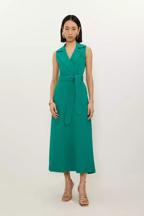 Compact Stretch Viscose Belted Tailored Midi Shirt Dress