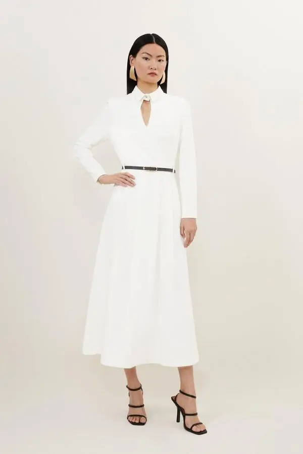 Clean Tailored Pleat Detail Full Skirted Shirt Dress