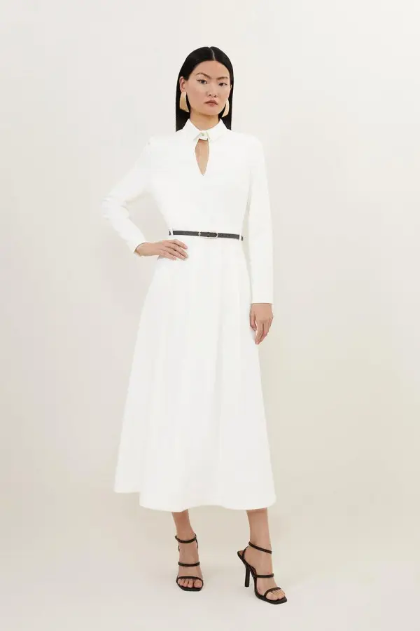 Clean Tailored Pleat Detail Full Skirted Shirt Dress