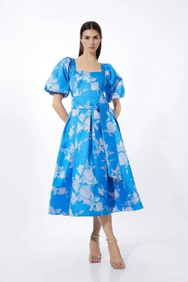 Jacquard Puff Sleeve Belted Woven Dress