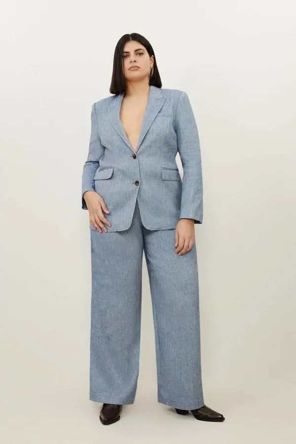 Plus Size Tailored Denim Look Linen Wide Leg Trousers