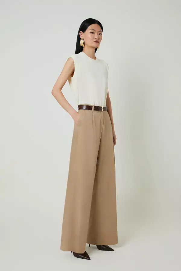 Petite Tencel Cotton Pleated Wide Leg Tailored Trousers