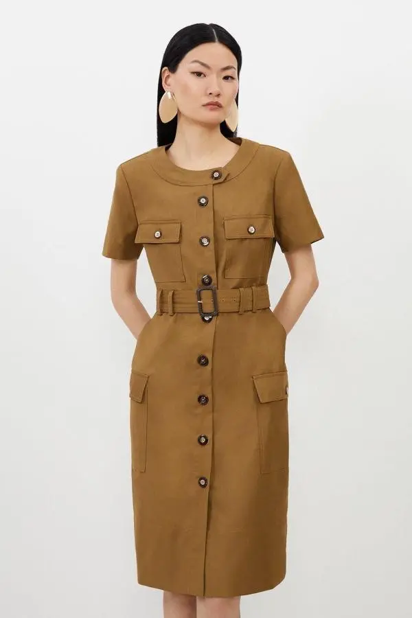 Twill Canvas Cargo Pocket Belted Tailored Midi Dress