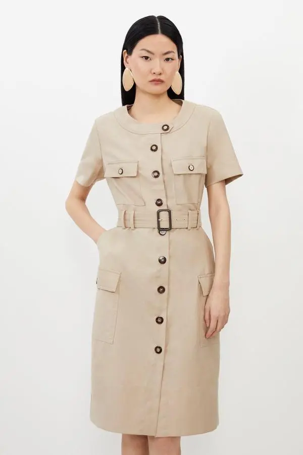 Twill Canvas Cargo Pocket Belted Tailored Midi Dress