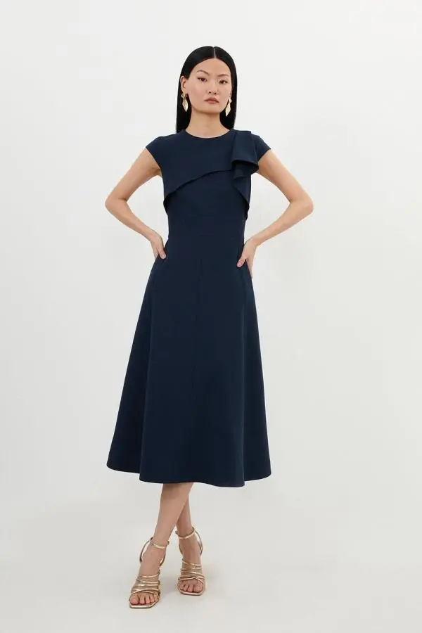 Tailored Crepe Drape Shoulder Full Skirt Midi Dress