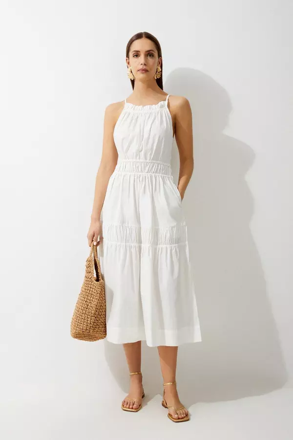 Cotton Woven Shirred Tiered Maxi Dress