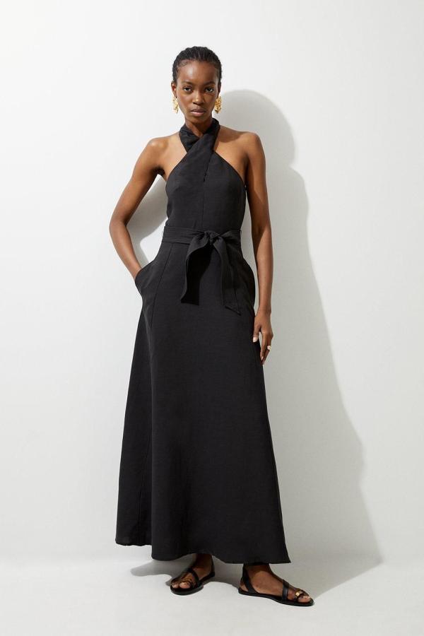 Fluid Tailored Halterneck Belted Maxi Dress