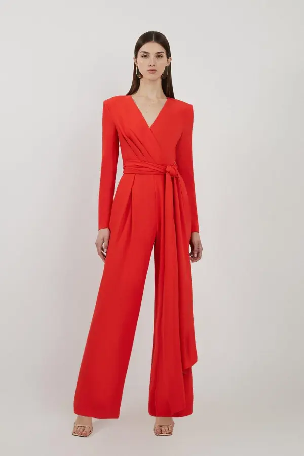 Compact Stretch Viscose Drape Waist Wide Leg Jumpsuit