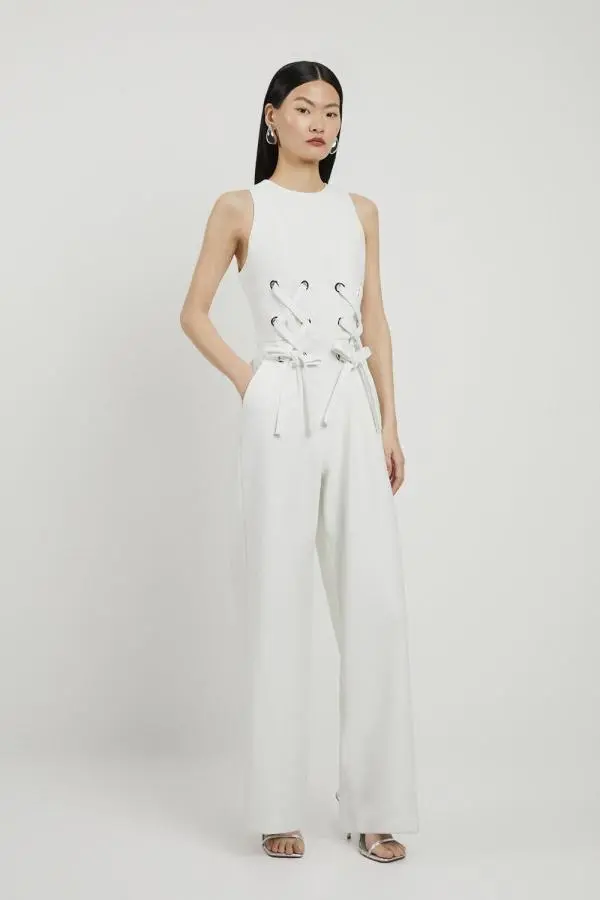 Compact Stretch Eyelet Detailed Ribbon Jumpsuit