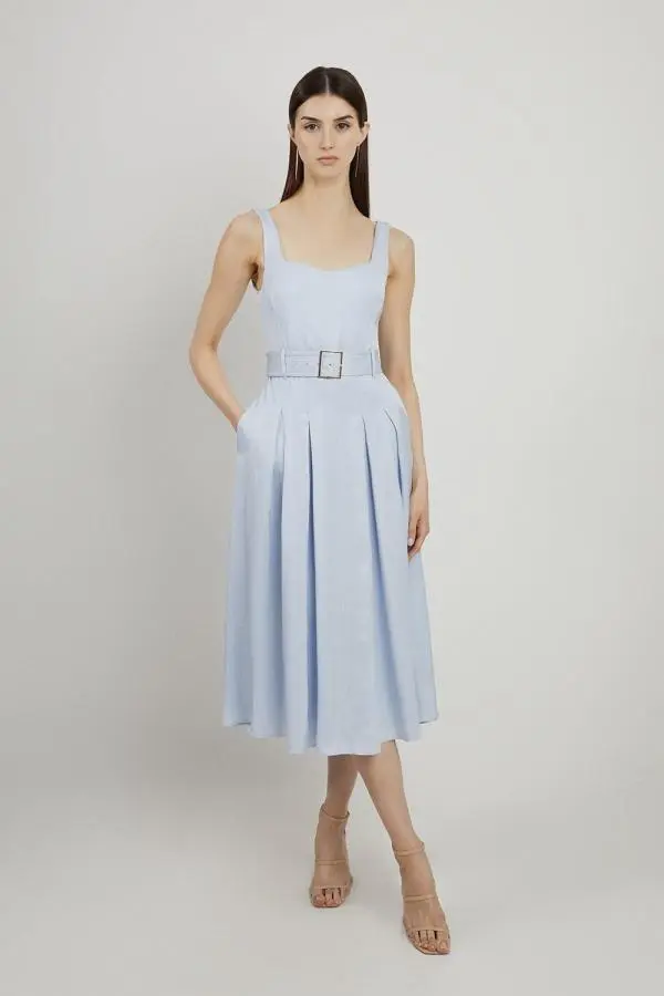 Tailored Linen Belted Full Skirt Midi Dress