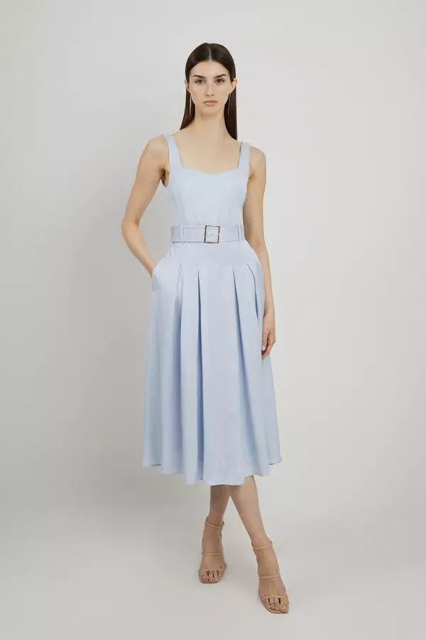 Tailored Linen Belted Full Skirt Midi Dress