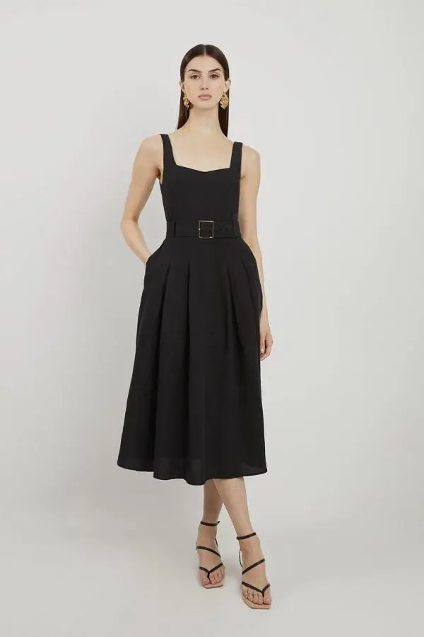 Fluid Tailored Belted Full Skirt Midi Dress