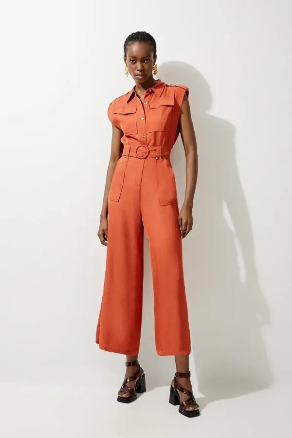 Premium Linen Viscose Topstitch Detail Utility Belted Woven Jumpsuit