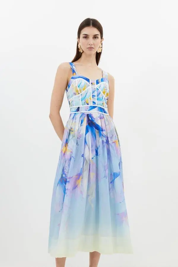 Ombre Floral Silk Cotton Strappy Prom Dress