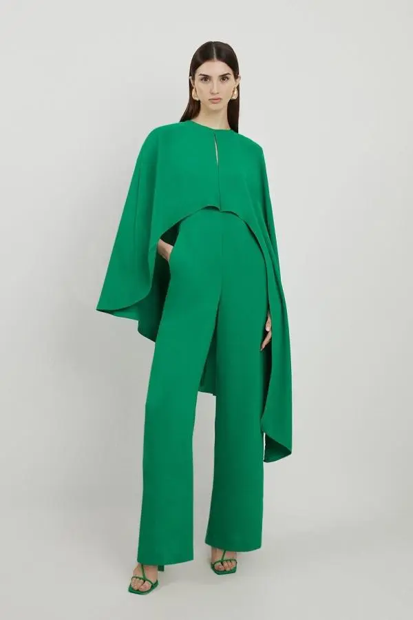 Fluid Tailored Asymmetric Draped Cape Straight Leg Jumpsuit