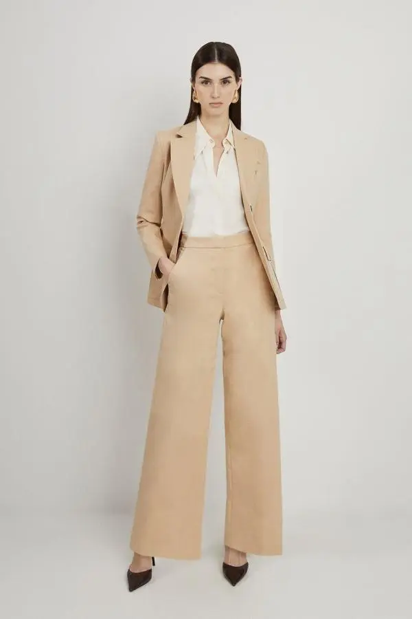 Cotton Sateen Wide Leg Tailored Trousers