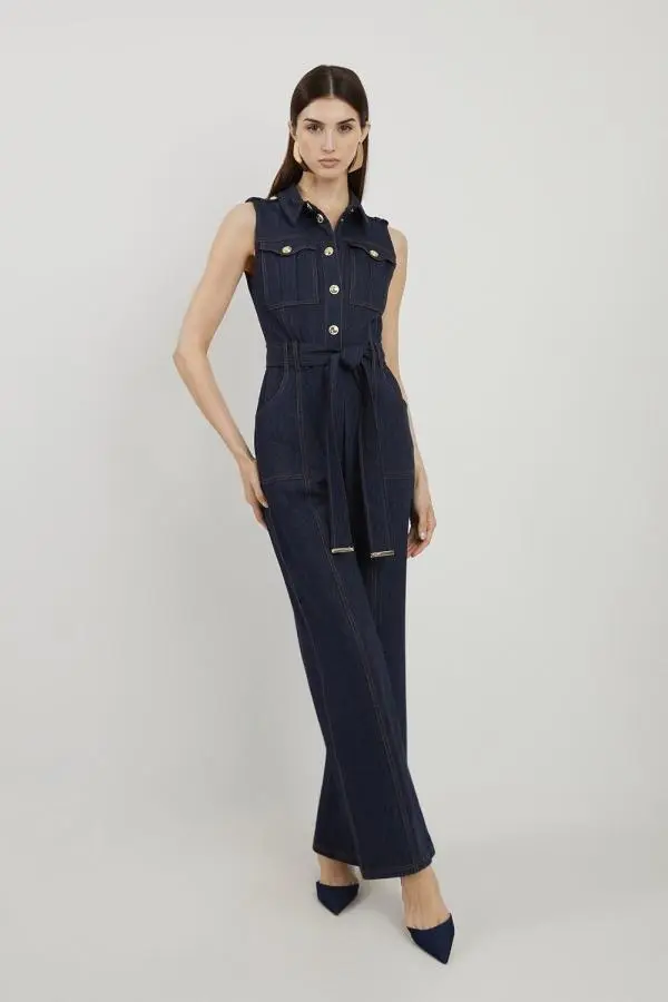 Tailored Denim Belted Shirt Straight Leg Jumpsuit