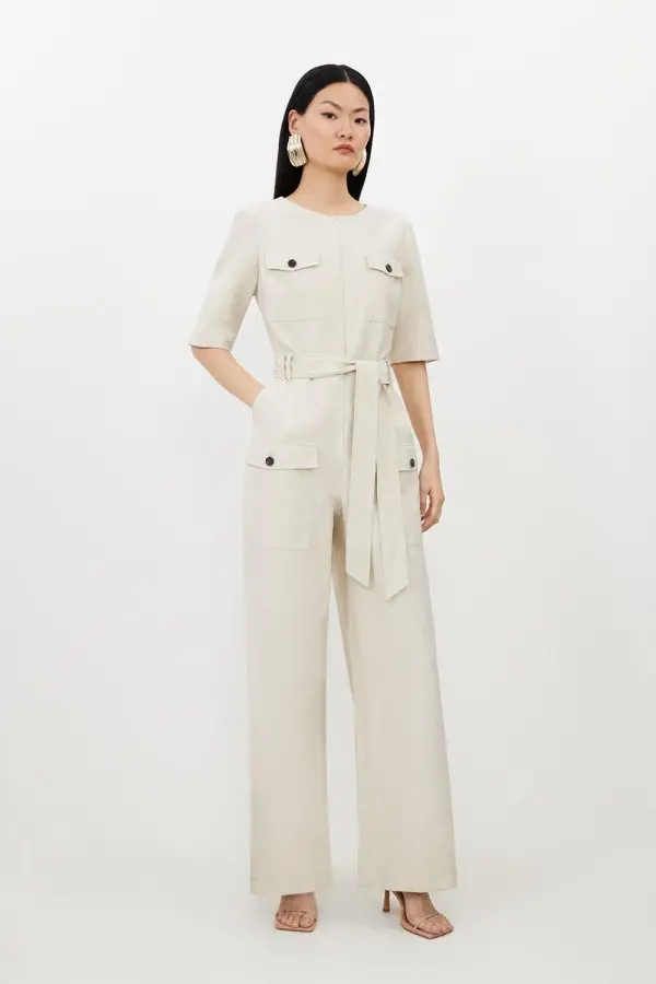 Cargo Pocket Belted Wide Leg Tailored Jumpsuit