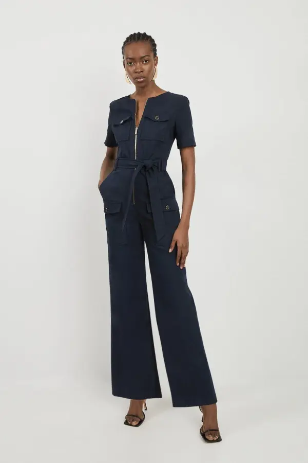 Cargo Pocket Belted Wide Leg Tailored Jumpsuit