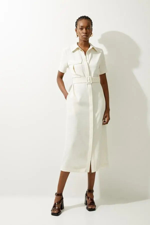 Tailored Crepe Pocket Detail Short Sleeved Belted Midi Shirt Dress