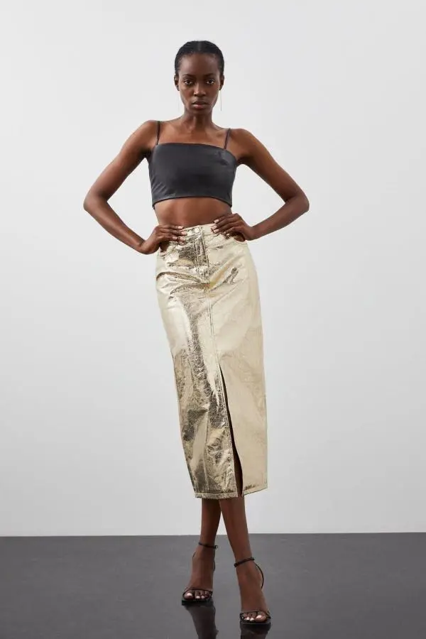 Metallic Faux Leather Midi Skirt