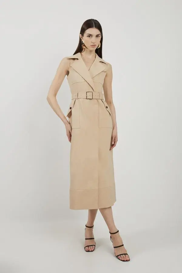 Premium Compact Cotton Pocket Detail Belted Tailored Midi Shirt Dress