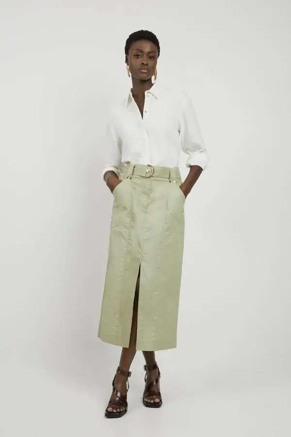 Cotton Sateen Woven Cargo Midi Skirt