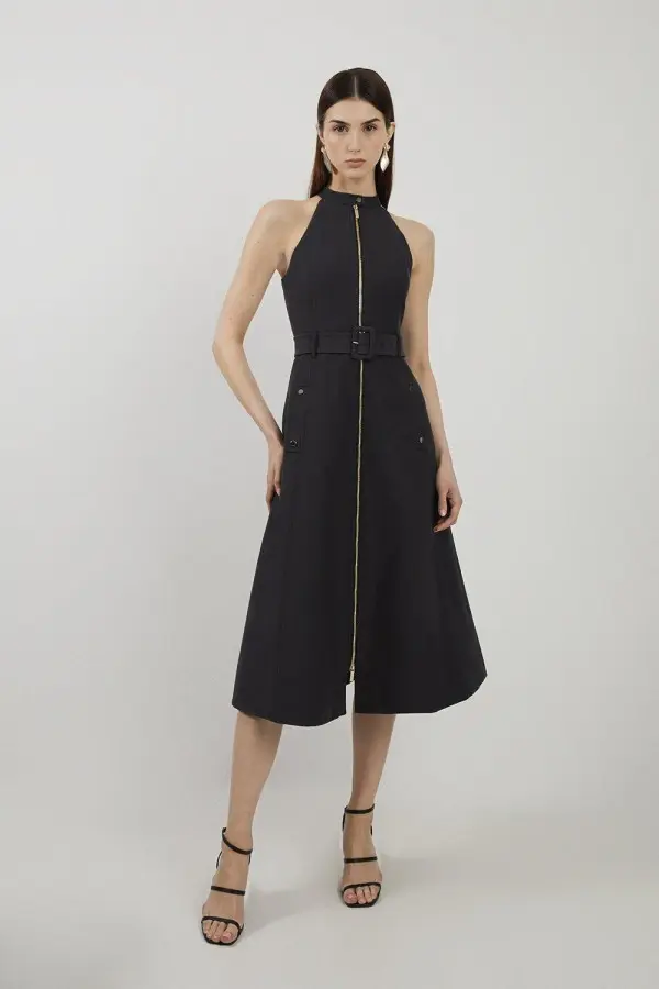 Tailored Cotton Belted Halter Neck Full Skirted Midaxi Dress