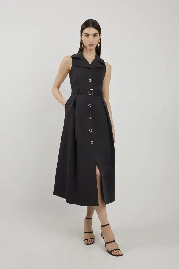 Tailored Cotton Halter Neck Belted Full Skirted Shirt Dress