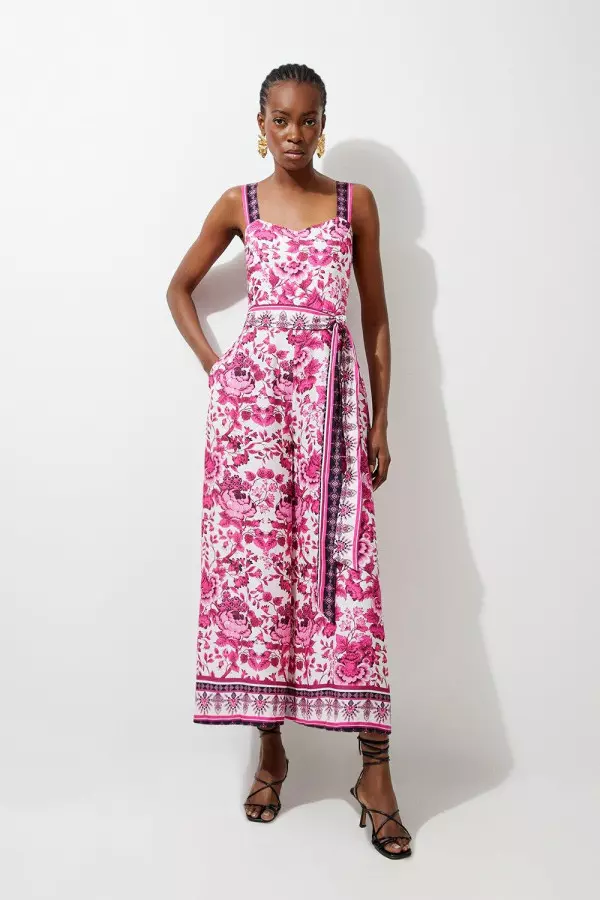 Printed Viscose Woven Tie Waist Wide Leg Jumpsuit