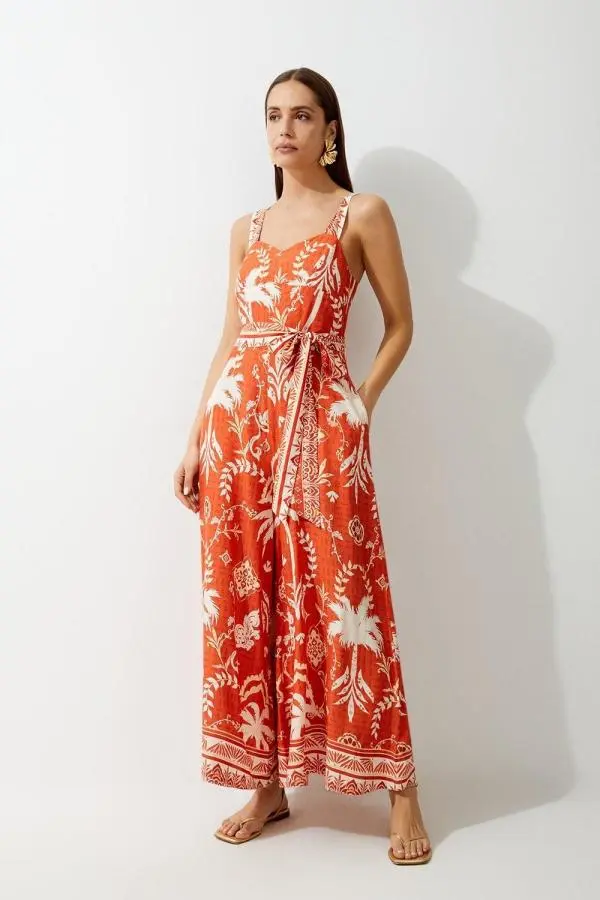 Printed Viscose Woven Tie Waist Wide Leg Jumpsuit