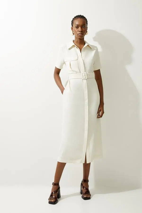 Petite Tailored Crepe Pocket Detail Short Sleeved Belted Midi Shirt Dress