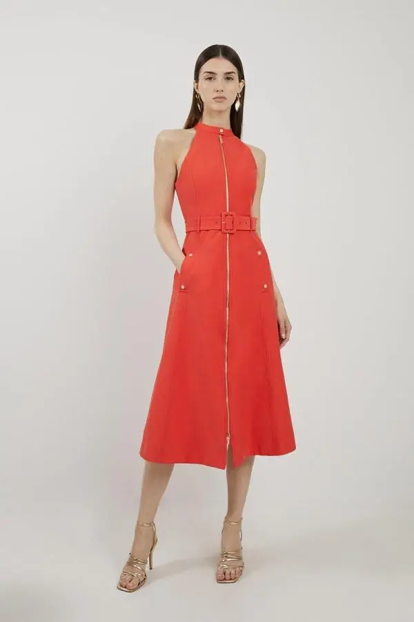 Tailored Cotton Belted Halter Neck Full Skirted Midaxi Dress