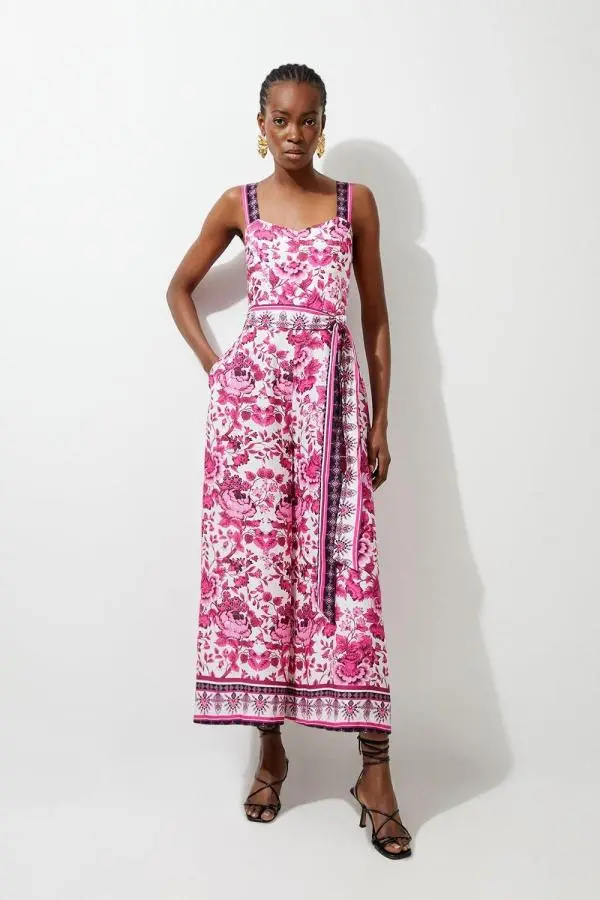 Petite Printed Viscose Woven Tie Waist Wide Leg Jumpsuit