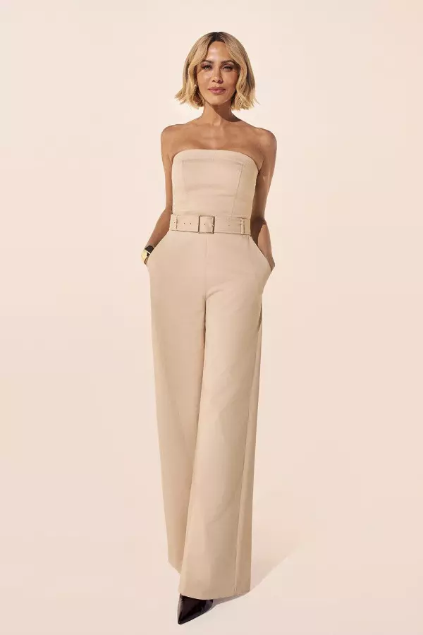 Cotton Sateen Belted Bandeau Tailored Wide Leg Jumpsuit
