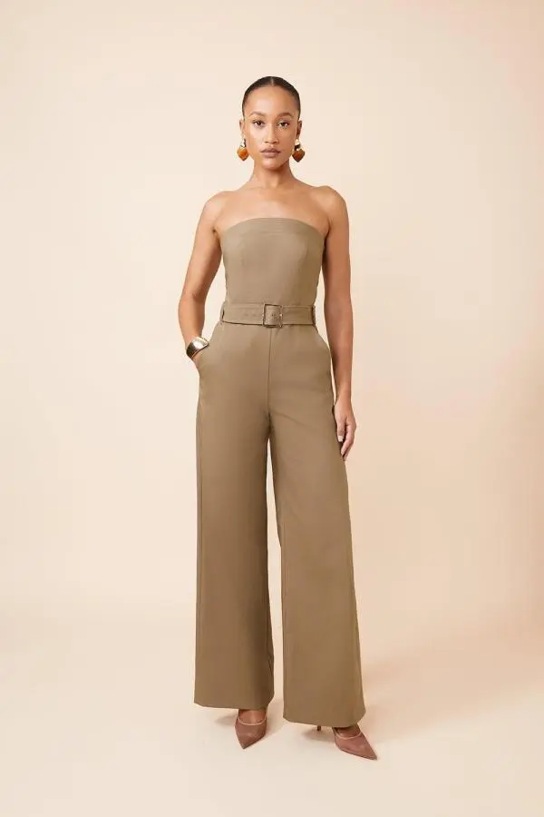 Cotton Sateen Belted Bandeau Tailored Wide Leg Jumpsuit