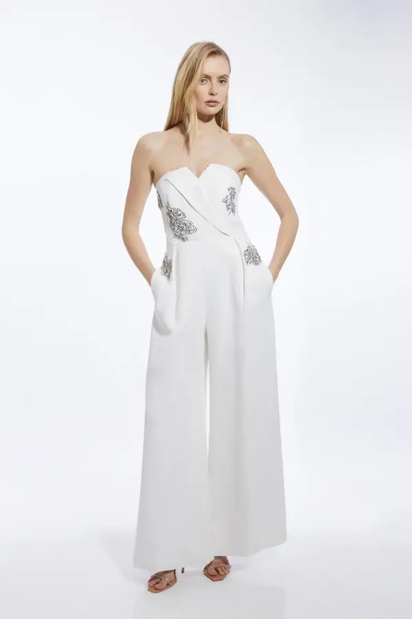 Crystal Embellished Bandeau Wrap Tailored Wide Leg Jumpsuit