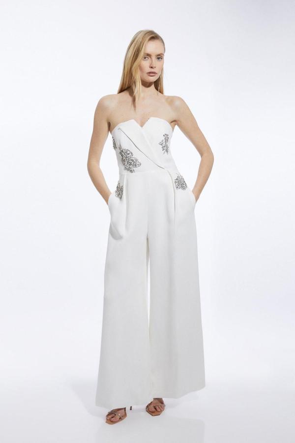 Crystal Embellished Bandeau Wrap Tailored Wide Leg Jumpsuit