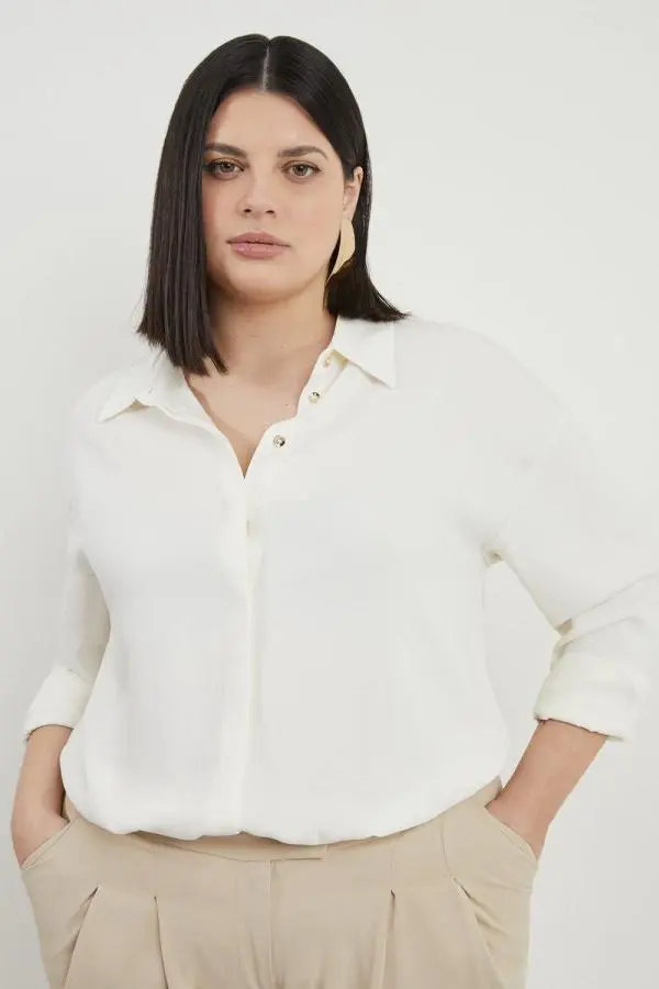 Plus Size Viscose Crepe Long Sleeve Collared Shirt