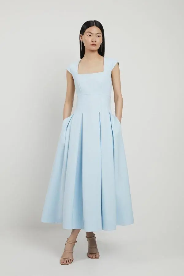 Clean Tailored Square Neck Full Skirted Midi Dress