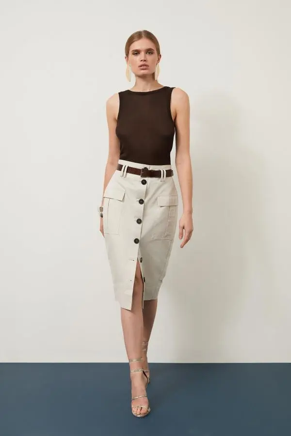 Twill Canvas Cargo Pocket Button Front Belted Tailored Midi Skirt