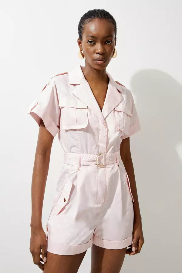 Cotton Sateen Utility Pocket Belted Playsuit